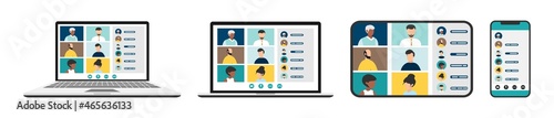 people connecting together, learning or meeting online with teleconference. Video conference remote working on laptop computer. Work from home and work from anywhere concept, flat vector illustration