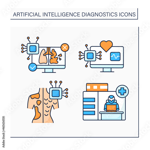 AI diagnostic color icons set. Skin cancer diagnostic, emergency. Digital technologies concept. Isolated vector illustrations