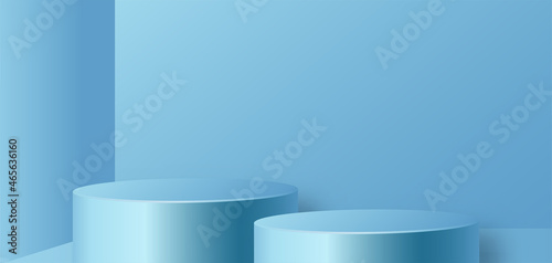 Round podium stage with nice and creative symbols  blue and gold paper cut style on color background for cosmetics brand design and advertising  