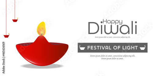Happy Diwali Hindu festival banner, greeting card. Burning diya illustration, Vector illustration of background for light festival of India