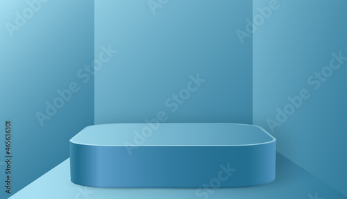 Round podium stage with nice and creative symbols  blue and gold paper cut style on color background for cosmetics brand design and advertising  