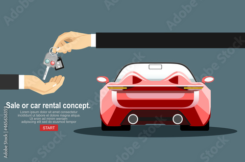 Sale or car rental concept. Vector of a salesman giving automobile keys to a customer.
