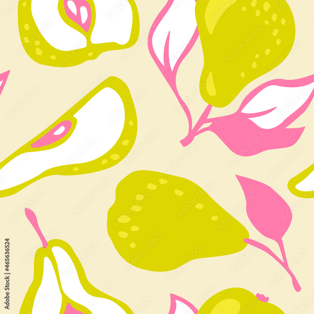 Pear background. Hand drawn vector pattern of decorative pears. Pattern with fruits. For fabric, textile, and wallpaper design.