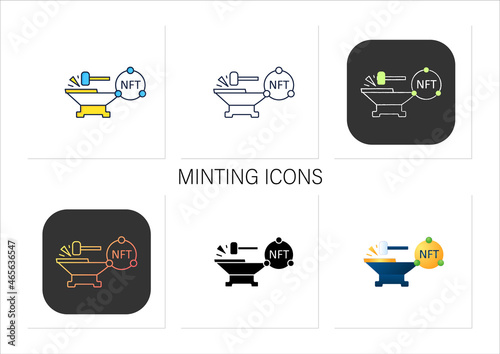 Minting icons set. Tokenizes digital asset on blockchain. Minting cryptocurrency. Digitalization concept. Collection of icons in linear, filled, color styles.Isolated vector illustrations photo