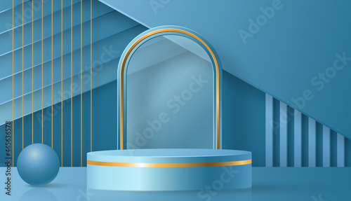 Round podium stage with nice and creative symbols  blue and gold paper cut style on color background for cosmetics brand design and advertising  