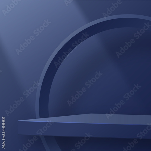 Round podium stage with nice and creative symbols  blue and gold paper cut style on color background for cosmetics brand design and advertising  