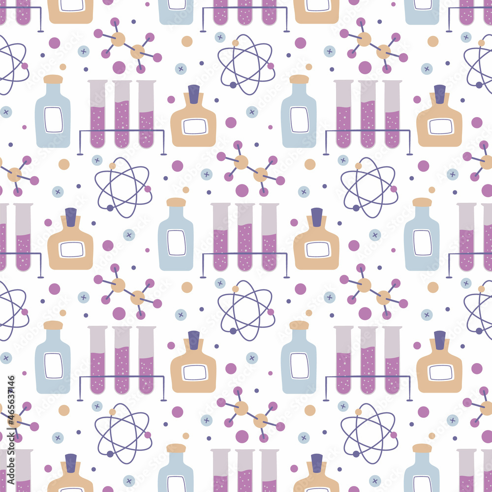 Seamless doodle pattern with elements of chemistry and substances. Chemical vials, molecules and electrons. Vector background. School pattern on page from a notebook in a cage, medicine projects