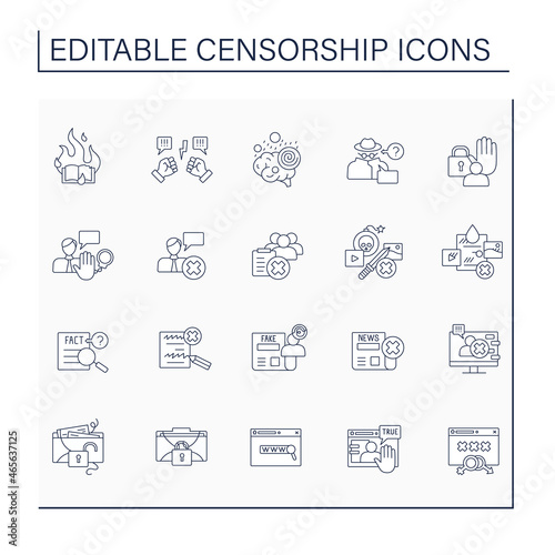 Censorship line icons set. Suppression of speech, public communication. Limited actions, total control. Society concept. Isolated vector illustrations. Editable stroke