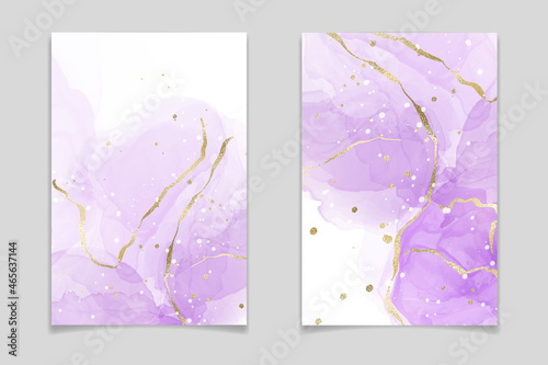 Purple lavender liquid watercolor background with golden lines. Pastel violet marble alcohol ink drawing effect. Vector illustration design template for wedding invitation, menu, rsvp