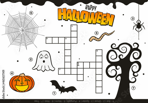 Happy Halloween crossword for kids. Children's holiday game with cartoon elements. Funny pumpkin, tree, ghost, spider, worm. Vector illustration for leisure