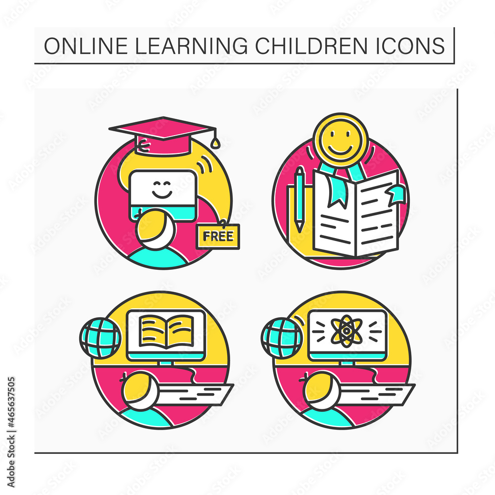 Online education color icons set. E-learning concept. Free online education, quality, science lesson, learning. Isolated vector illustrations