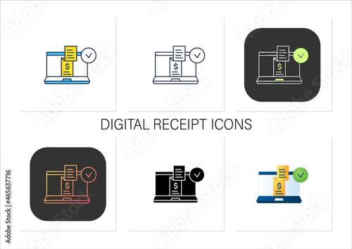 Digital receipt icons set. E receipt. Application inform customers of rebates, discounts. sent via email, app.Collection of icons in linear, filled, color styles.Isolated vector illustrations