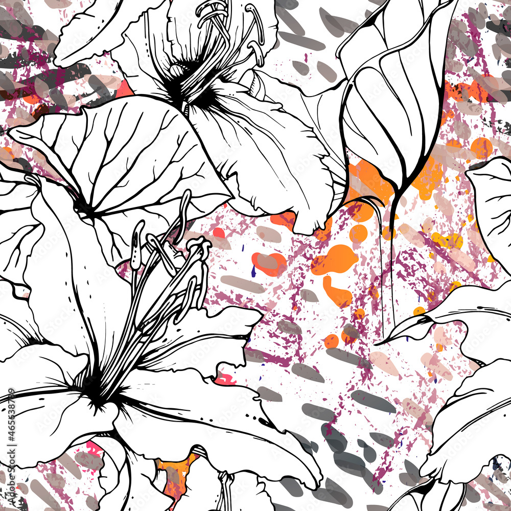 Fototapeta premium Floral Black White Pattern. Modern Watercolor