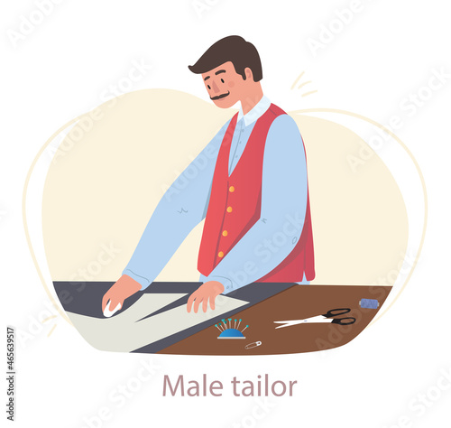Male tailor sews. Man makes vest from fabric, atelier services. Manufacture of wearing apparel. Graphic elements for website. Pattern, crayon, scissors, work. Cartoon flat vector illustration