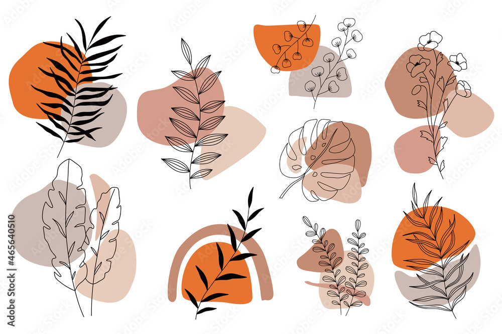 Vector hand drawn terracotta boho elements for decoration. Bohemian symbols with spots and branches. Perfect for clothing prints, social networks design, greeting cards, icons