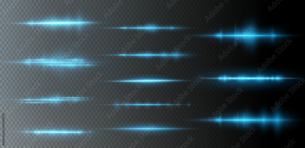 Neon horizontal lens flares pack. Laser beams, horizontal light rays. Collection effect light blue line png. Beautiful light flares. Glowing streaks on light background.