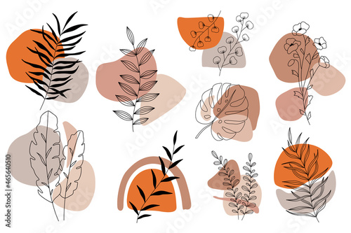 Vector hand drawn terracotta boho elements for decoration. Bohemian symbols with spots and branches. Perfect for clothing prints, social networks design, greeting cards, icons