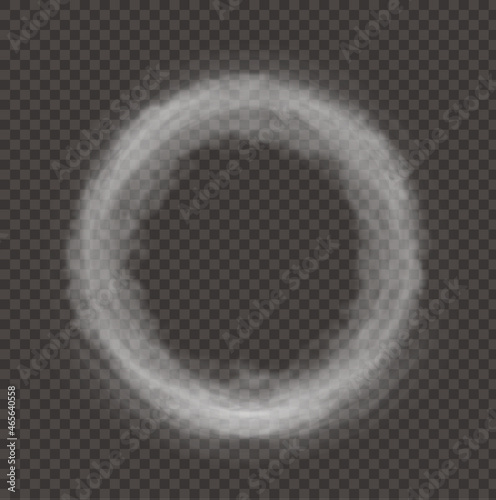 White smoke ring puff isolated on transparent black background. PNG. Steam explosion special effect. Effective texture of steam, fog, smoke png. Vector. 