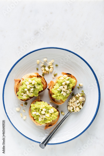 Avocado toasts with mung bean sprouts on a plate. Healthy vegan appetizer or snack. Top view copy space for text, grey cement background