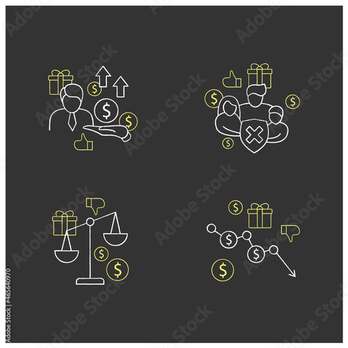 Universal basic income chalk icons set. Inequality, runaway inflation, social security, new investors. Global economy concept. Isolated vector illustrations on chalkboard