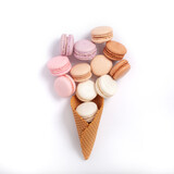 French macarons in a waffle ice cream cone on a white background, Contemporary flat lay food art