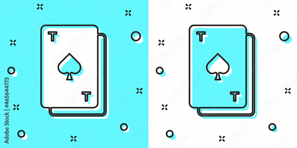 Black line Playing card with spades symbol icon isolated on green and white background. Casino gambling. Random dynamic shapes. Vector Black line Playing card with spades symbol icon isolated on green and white background. Casino gambling. Random dynamic shapes. Vector
