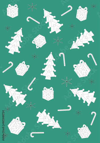 Estampado navideño con pinos de Navidad, cachavas de caramelo, regalos y copos de nieve  en blanco sobre fondo verde