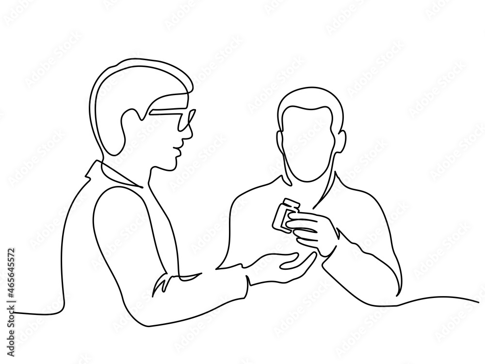 Doctor explains to patient how take medicine. Continuous One line drawing