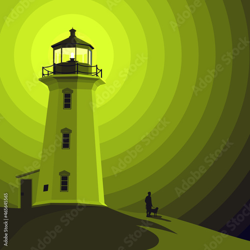 Lighthouse and silhouette of a man with a dog