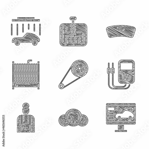 Set Timing belt kit, Speedometer, Diagnostics condition of car, Multimeter, Car mechanic, radiator cooling system, Windshield and wash icon. Vector