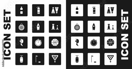 Set Rubber flippers for swimming, Surfboard, Classic dart, Bottle of water, Chess, Aqualung, Basketball ball and Fencing helmet mask icon. Vector