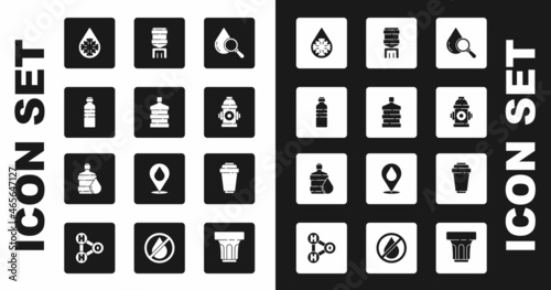 Set Drop and magnifying glass, Big bottle with clean water, Bottle of, Defrosting, Fire hydrant, Water cooler, filter cartridge and icon. Vector
