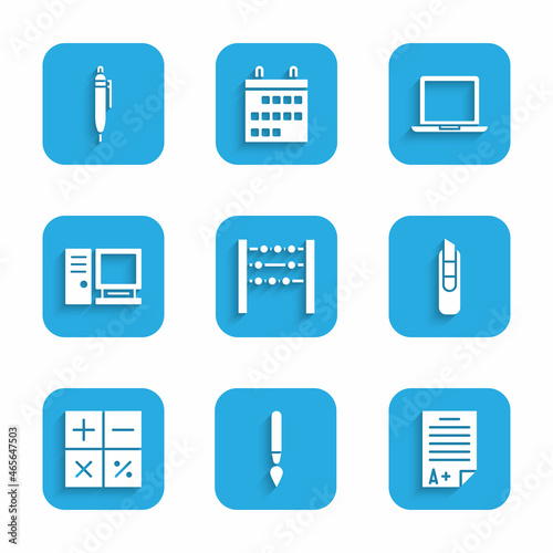 Set Abacus, Paint brush, Exam sheet with plus grade, Stationery knife, Calculator, Computer monitor, Laptop and Pen icon. Vector