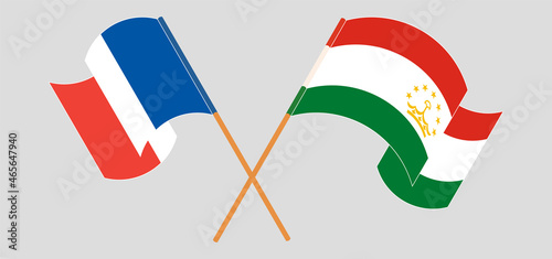 Crossed and waving flags of France and Tajikistan