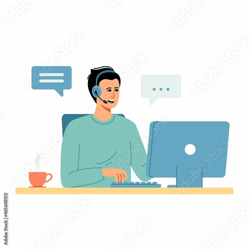 Customer service. Man with headphones and microphone with computer. Concept illustration for support, call center, online support, 24 hours. 