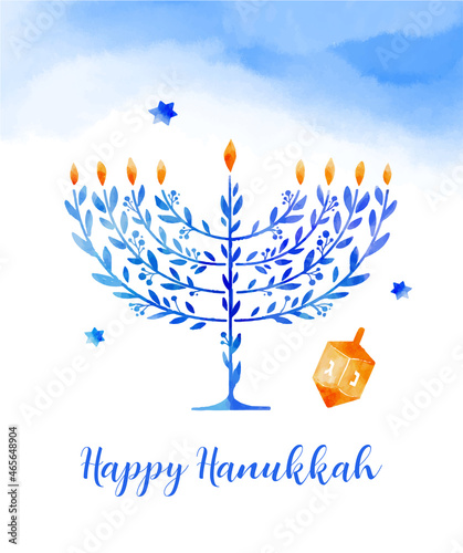 Happy Hanukkah, vector watercolor illustration, banner design. Traditional jewish holiday greeting card with menorah and dreidels