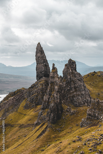 Amazing dramatic shot of the Old Man of Storr, Isle of Skye, Scotland, Fall 2021