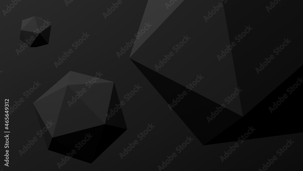 Three black polyhedrons, black background. Abstract monochrome illustration, 3d render.
