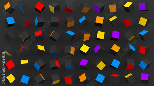 Bright colorful cubes. Gray background. Abstract illustration, 3d render.