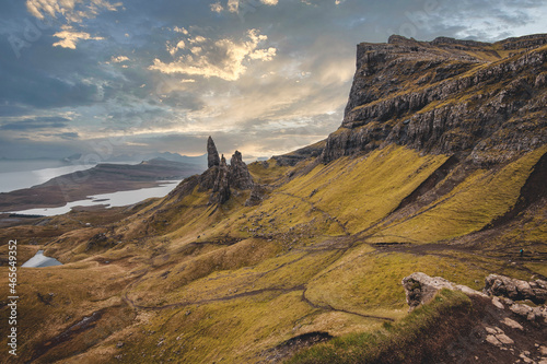 Amazing dramatic shot of the Old Man of Storr, Isle of Skye, Scotland, Fall 2021