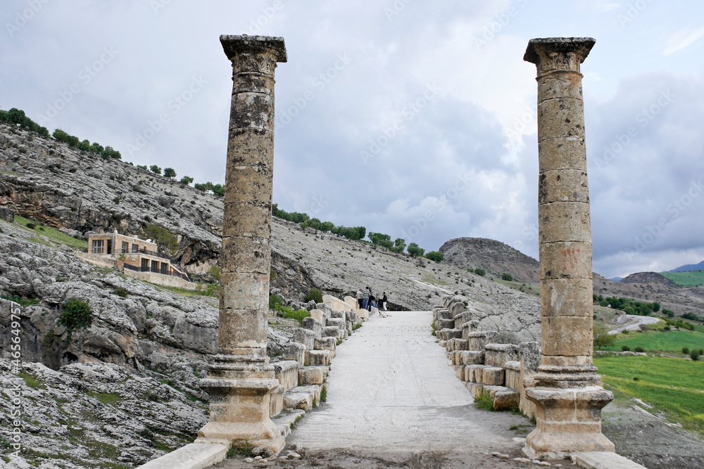 Severan (Septimius Severus) Roman stone bridge, flanked by Corinthian columns, near ancient Arsameia in Mount Nemrut National Park, Turkey