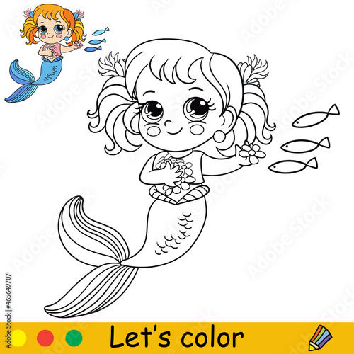 Cartoon cute and funny mermaid feeds fishes coloring