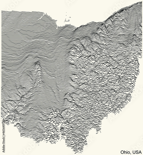 Topographic positive relief map of the Federal State of Ohio, USA with black contour lines on beige background