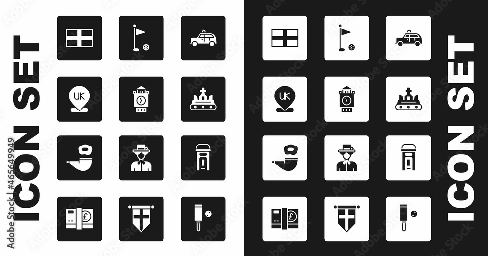 Set Taxi car, Big Ben tower, Location England, Flag of, British crown, Golf flag, London phone booth and Smoking pipe icon. Vector Set Taxi car, Big Ben tower, Location England, Flag of, British crown, Golf flag, London phone booth and Smoking pipe icon. Vector