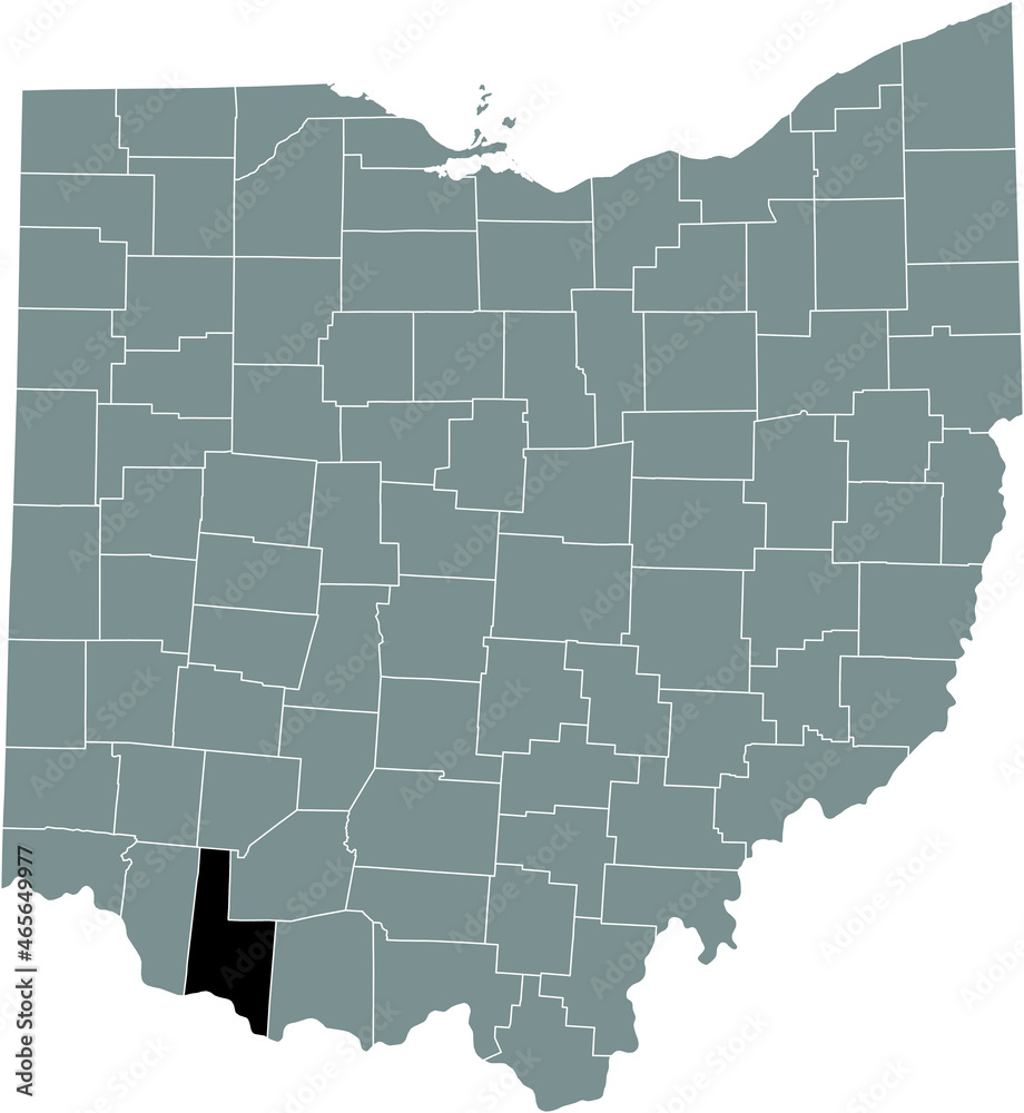 Obraz premium Black highlighted location map of the Brown County inside gray administrative map of the Federal State of Ohio, USA
