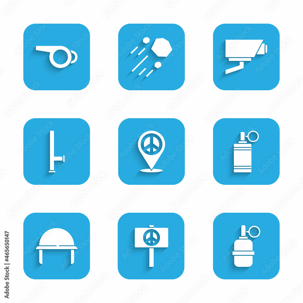 Set Location peace, Peace, Hand grenade, Military helmet, Police rubber baton, Security camera and Whistle icon. Vector Set Location peace, Peace, Hand grenade, Military helmet, Police rubber baton, Security camera and Whistle icon. Vector