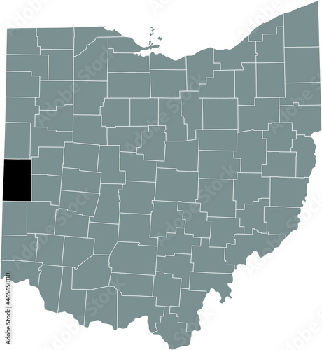 Black highlighted location map of the Darke County inside gray administrative map of the Federal State of Ohio, USA