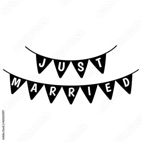 Just married flags sign. Hanging banner wedding day black and white icon. Vector illustration.