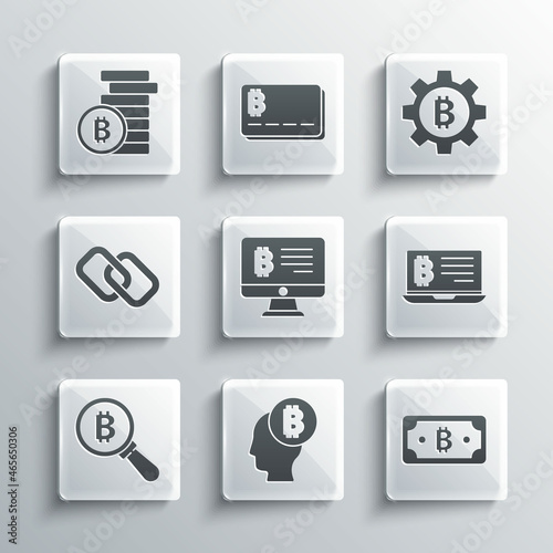 Set Bitcoin think, Cryptocurrency bitcoin, Mining from laptop, monitor, Magnifying glass with, Chain link, and icon. Vector