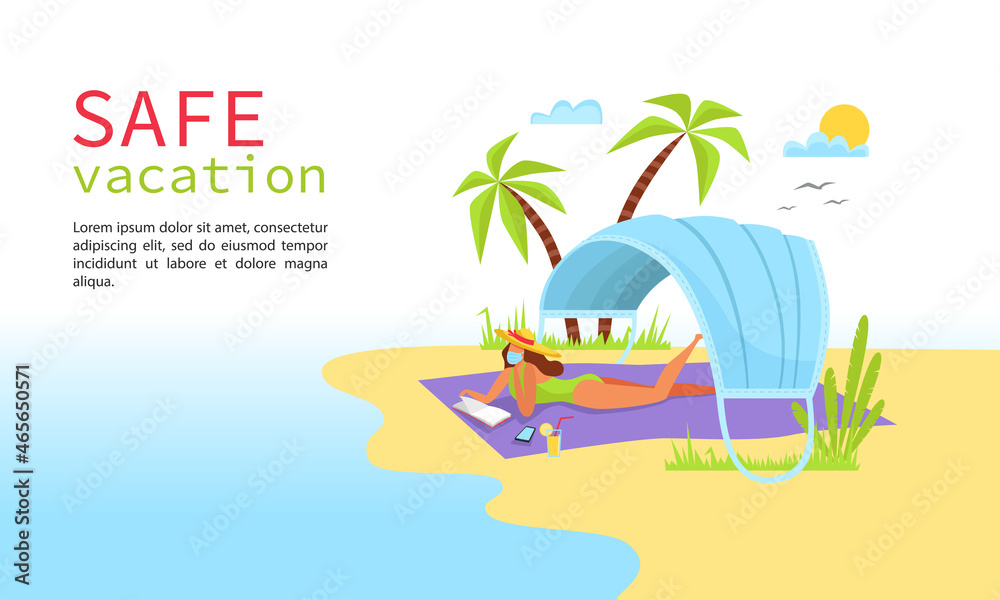 Safe vacation concept, travel. A woman in a swimsuit lies on the beach with a protective mask on her face, a canopy from the sun in the form of a mask. Vector flat illustration